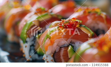 Close-up of sushi rolls highlights fresh fish, avocado, and sticky rices vibrant textures. 114915388