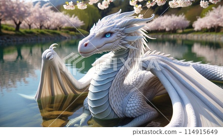 A white dragon standing in the cherry blossom season 114915649