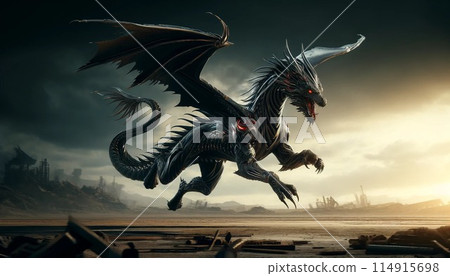 Cyber dragon flying over the ruins at dusk 114915698