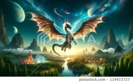 A legendary dragon flying beneath the stars A legendary dragon flying beneath the stars 114915727