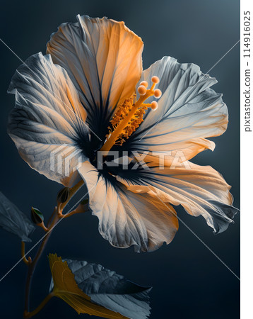 A closeup shot of a Hawaiian hibiscus flower with vibrant electric blue petals against a dark background, showcasing the beauty of macro photography and the intricate details of pollen on the flower A closeup shot of a Hawaiian hibiscus flower with vibrant electric blue petals against a dark background, showcasing the beauty of macro photography and the intricate details of pollen on the flower 114916025