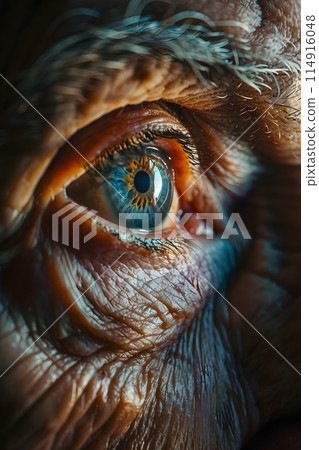A closeup shot of an elderly mans eye reveals a striking blue pupil, reminiscent of the vibrant feathers of an Emu or Phasianidae bird 114916048