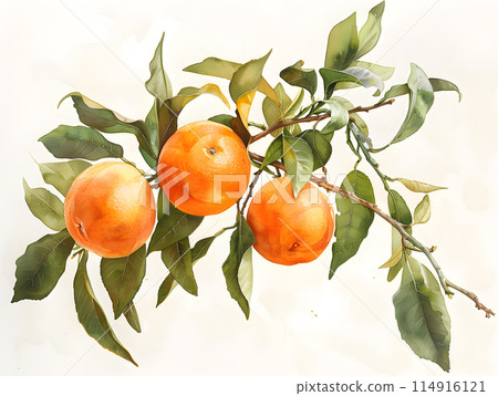 A beautiful illustration of ripe oranges hanging from a tree branch. This painting showcases the natural beauty of this fruitbearing plant 114916121