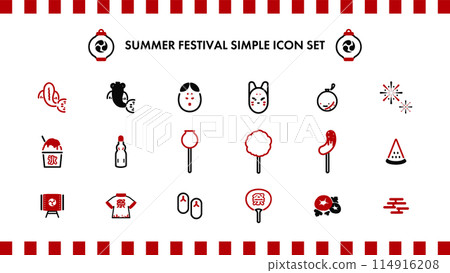 帶有日本夏季節日圖案的簡單線條圖示集（紅色） 114916208