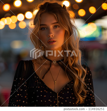 A happy woman with layered hair wearing a choker and an orange lipstick is standing in front of a string of lights, posing for a fashion photoshoot 114916251
