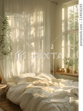 A bed frame made of hardwood stands on the hardwood floor in the bedroom, with white curtains hanging from the window for comfort and shade 114916283