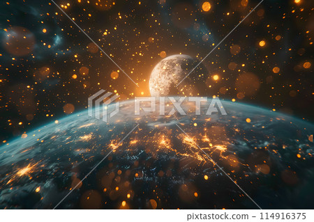 The moon, an astronomical object, is illuminating the Earth in space. Its glow creates a beautiful atmospheric phenomenon against the dark sky 114916375