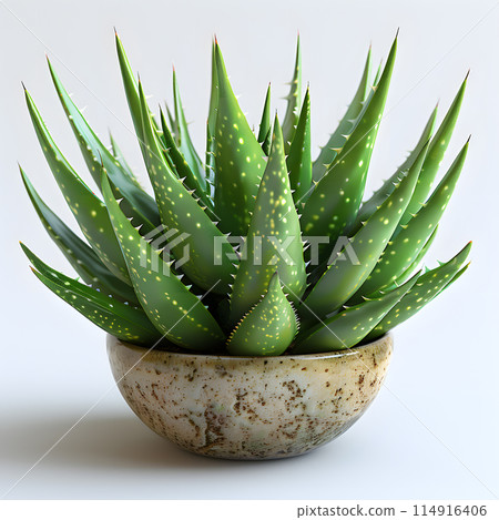 A green aloe vera plant, a houseplant, is displayed in a flowerpot on a white background. This terrestrial plant is a perennial with thick succulent leaves 114916406