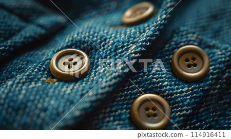 Macro photography captures the intricate details of electric blue buttons on a denim shirt. Each button, resembling a snout, forms a unique pattern on the shirt as a fashionable accessory 114916411