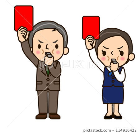 Business men and women raising red cards 114916422