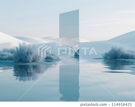 In the heart of a serene lake, a mirror reflects the stunning mountains under the vast sky, creating a breathtaking symmetrical natural landscape art 114916425