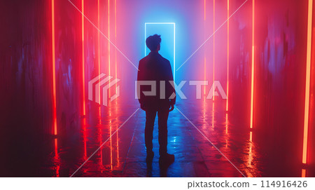 Man in dark room with red and blue neon lights creating visual effect lighting. High quality photo 114916426