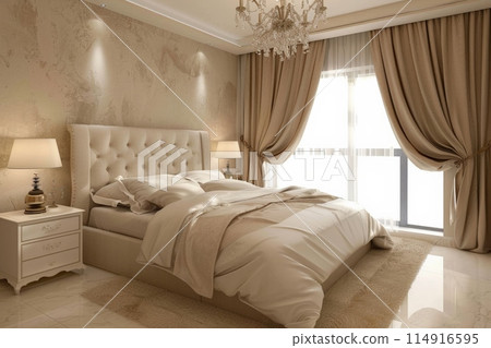 The bedroom has a spacious bed and a big window for natural light 114916595