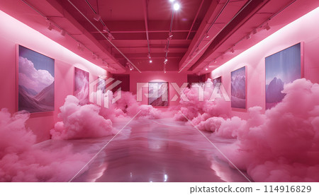 A magenta room with pink clouds painted on the ceiling, surrounded by colorful paintings on the walls. The space exudes a whimsical and artistic atmosphere A magenta room with pink clouds painted on the ceiling, surrounded by colorful paintings on the walls. The space exudes a whimsical and artistic atmosphere 114916829