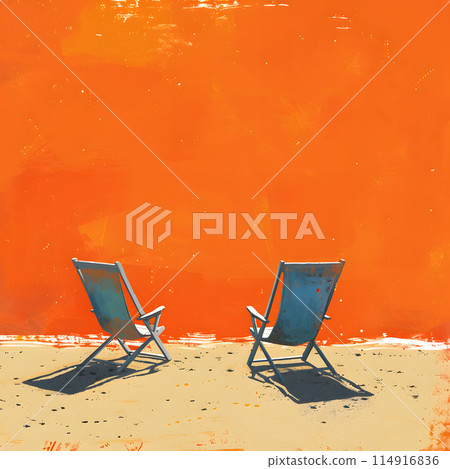 Two outdoor wooden beach chairs sit in front of an orange wall, providing comfort and shade in the natural environment near the body of water 114916836