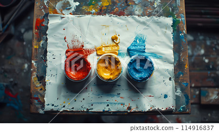 Three bowls filled with liquid paint, one in electric blue, are displayed on a table. The colorful art supplies sit ready for a creative event 114916837