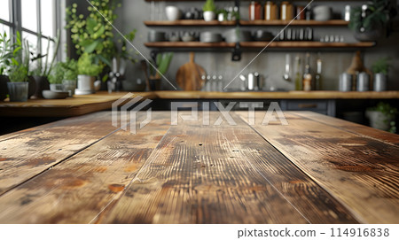 A wooden table is the focal point with a kitchen in the background of a building. The hardwood flooring is stained dark, contrasting with the asphalt outside 114916838