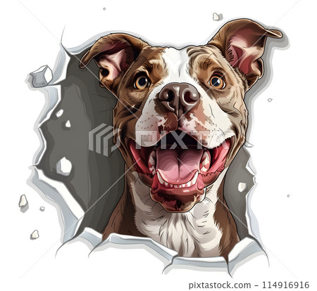 A fawn and white Carnivore, possibly a working animal, sticks its tongue out through a hole in a wall. The Dog breed is a Companion dog, known for its friendly smile and livercolored snout 114916916
