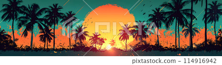 A stunning natural landscape at sunset with palm trees in the foreground, a large orange sun in the background, and a sky filled with clouds, creating a beautiful and peaceful scene 114916942