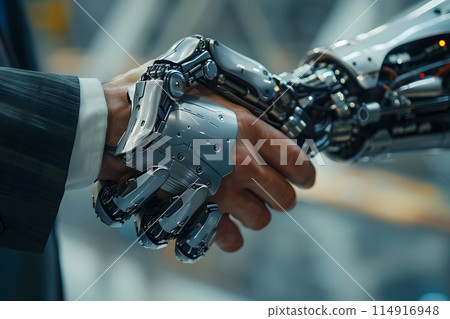 A man in electric blue sleeve rollup and a robot in fashion accessory on its wrist shaking hands. The mans thumb and the robots auto part gesture in a machine glass event A man in electric blue sleeve rollup and a robot in fashion accessory on its wrist shaking hands. The mans thumb and the robots auto part gesture in a machine glass event 114916948