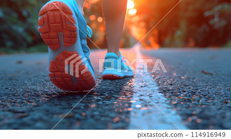A person is strolling down a road at sunset, admiring the orange sky reflected in the water below. The asphalt road surface is lined with wooden flooring and leafcovered clouds drift by 114916949