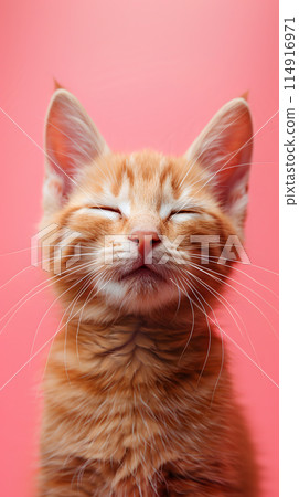 A closeup of a domestic shorthaired cat with its eyes closed, showcasing its fawn fur and whiskers, against a pink background 114916971