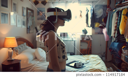 A woman is wearing a virtual reality headset in a bedroom, experiencing a fun virtual event. She is also wearing a fashionable hat and her abdomen is visible 114917184