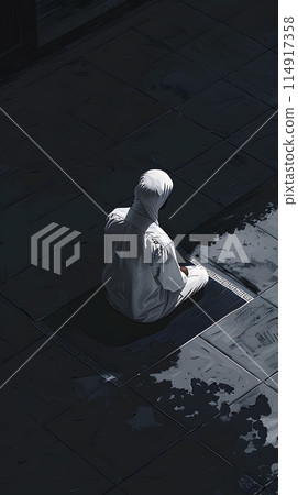 A musician in a white robe is seated on a mat in the dark, surrounded by flashes of photography during an art event. The monochrome image captures the performer in a moment of serene concentration 114917358