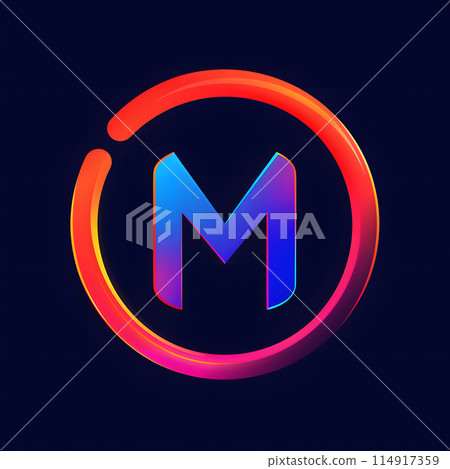 The letter M is displayed in a vibrant violet font inside an electric blue circle, set against a dark background. This emblematic symbol serves as a colorful logo or signage in modern art 114917359