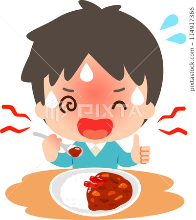 Smiling man eating spicy curry, he likes spicy food 114917366