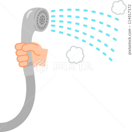 Hand holding a shower head with hot water coming out 114917372
