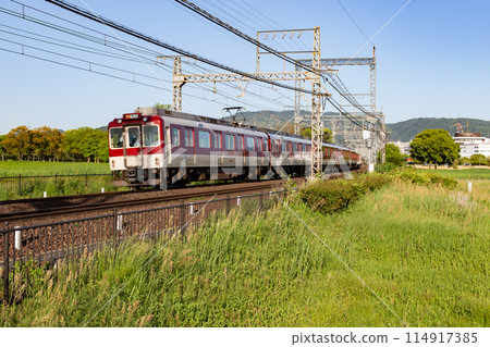 行駛在奈良縣平城宮遺址歷史公園的近鐵列車 行駛在奈良縣平城宮遺址歷史公園的近鐵列車 114917385