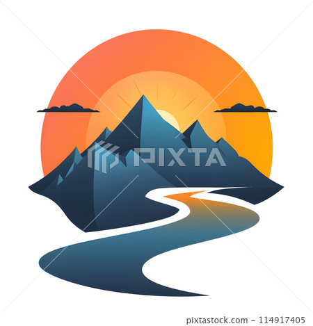A picturesque scene of a sunset with mountains and a river in the foreground. The electric blue sky creates a beautiful backdrop for this natural art 114917405