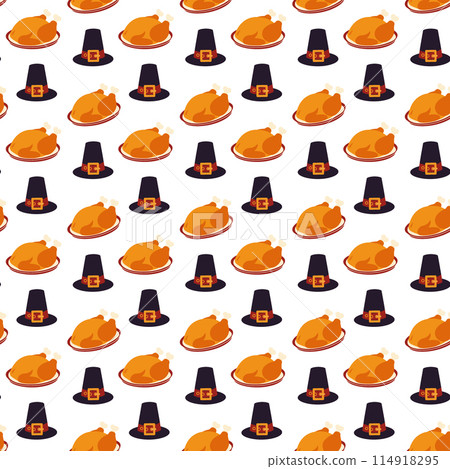 Thanksgiving turkey on a platter and pilgrim hat Seamless Pattern in trendy Autumn shades Isolate 114918295