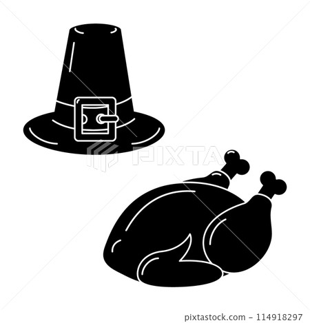 Pilgrim Hat and Roasted Turkey Classic Symbols of Thanksgiving Silhouette Logo Icon design concept 114918297