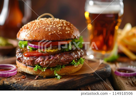 Hamburger and beer on table classic staple food pairing 114918506