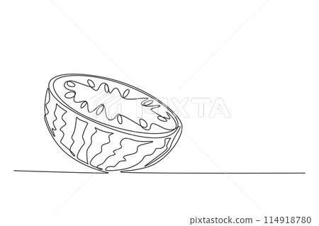 Continuous one line drawing sliced healthy organic watermelon for orchard logo identity. Slice of red fresh fruitage concept for fruit garden icon. Single line draw design vector graphic illustration 114918780