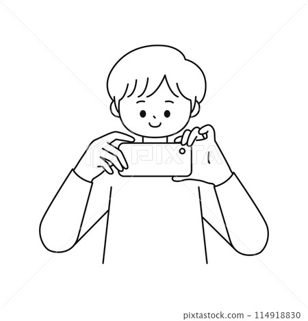 Man taking a picture with a smartphone, line drawing 114918830
