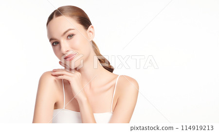 Beautiful young woman with clean fresh skin on white background, Face care, Facial treatment, Cosmetology, beauty and spa, women portrait. 114919213