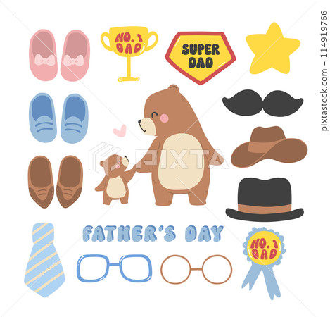 Fathers day bear element collection daddy and baby together Heartwarming Cartoon Illustration 114919766