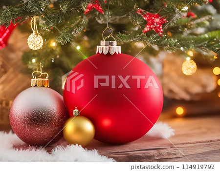 Merry Christmas ornaments. Minimal Small Red and Gold Christmas balls. and gift boxes on a wooden table Merry Christmas ornaments. Minimal Small Red and Gold Christmas balls. and gift boxes on a wooden table 114919792