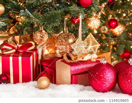 Merry Christmas ornaments. Minimal Small Red and Gold Christmas balls. and gift boxes on a wooden table 114919805