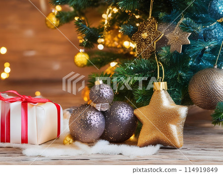 Merry Christmas ornaments. Minimal Small Red and Gold Christmas balls. and gift boxes on a wooden table Merry Christmas ornaments. Minimal Small Red and Gold Christmas balls. and gift boxes on a wooden table 114919849