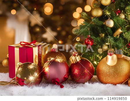 Merry Christmas ornaments. Minimal Small Red and Gold Christmas balls. and gift boxes on a wooden table Merry Christmas ornaments. Minimal Small Red and Gold Christmas balls. and gift boxes on a wooden table 114919850