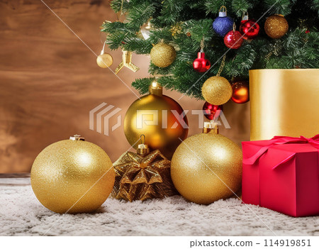Merry Christmas ornaments. Minimal Small Red and Gold Christmas balls. and gift boxes on a wooden table Merry Christmas ornaments. Minimal Small Red and Gold Christmas balls. and gift boxes on a wooden table 114919851