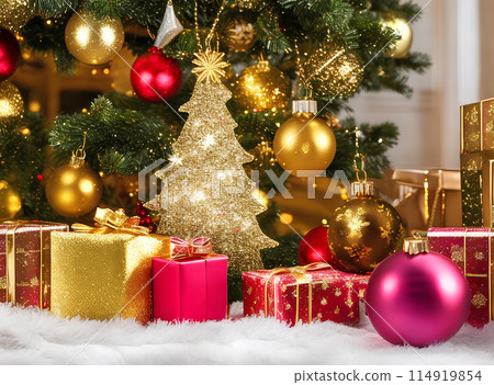 Merry Christmas ornaments. Minimal Small Red and Gold Christmas balls. and gift boxes on a wooden table 114919854