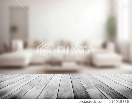 Wood tabletop or counter with display product. Blur image of living room, 114919886