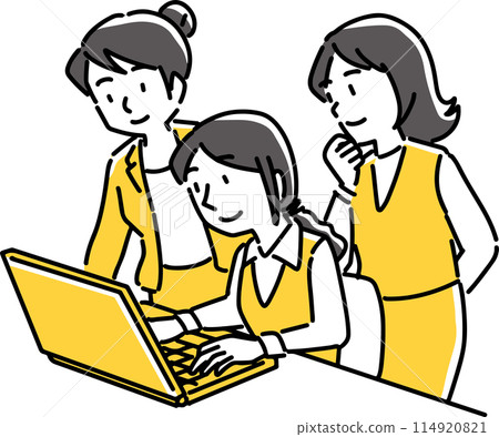 Three female employees looking at a laptop screen Three female employees looking at a laptop screen 114920821