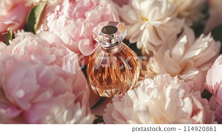 Perfume bottle with beautiful flowers. Floral background. Beauty concept. Flat lay, top view. 114920861