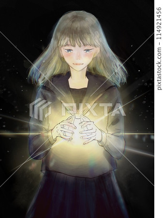 A mysterious illustration of a girl in a sailor suit embracing light with her hands 114921456